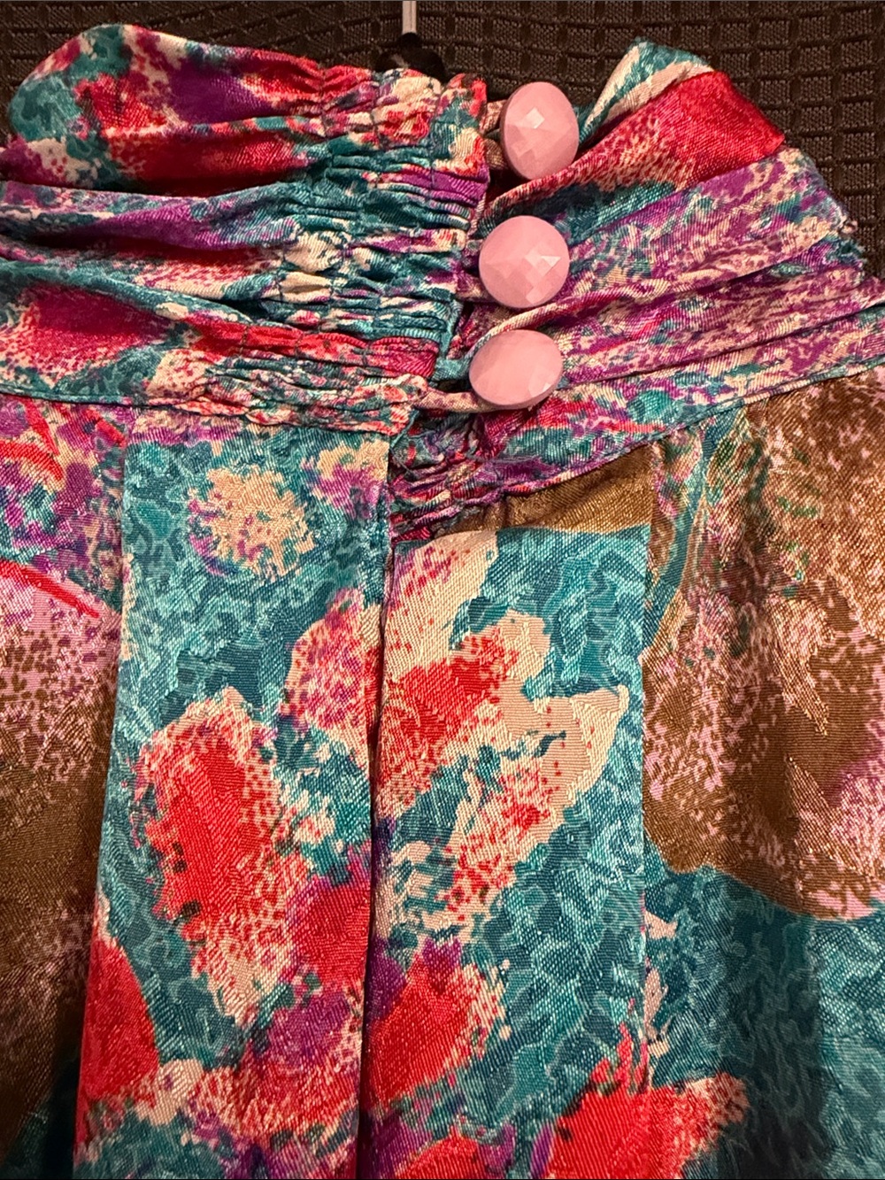 VTG Tess High-Neck Floral Blouse in Teal and Pink w/Ruching & button cuffs Sz 8 - Picture 4 of 7
